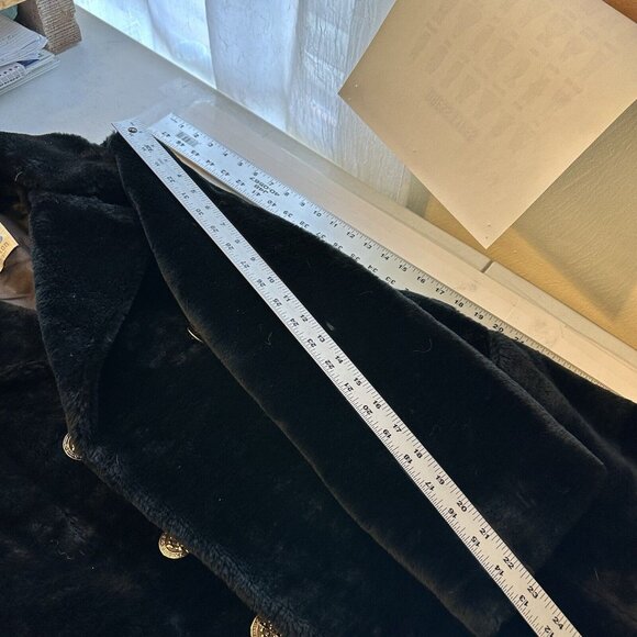 Vintage Womens Black Faux Fur Jacket Fleur de lis Buttons Coat Satin Medium - Picture 5 of 13